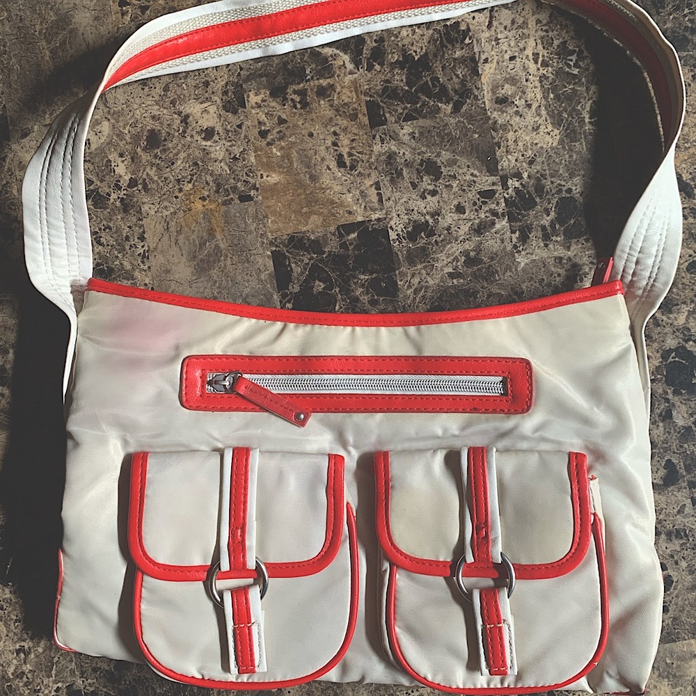 EUC Pre-Owned Red And White Faux Leather Purse